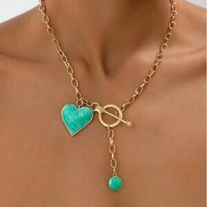 Turquoise Heart Necklace Gold Toggle Chain Boho Statement
